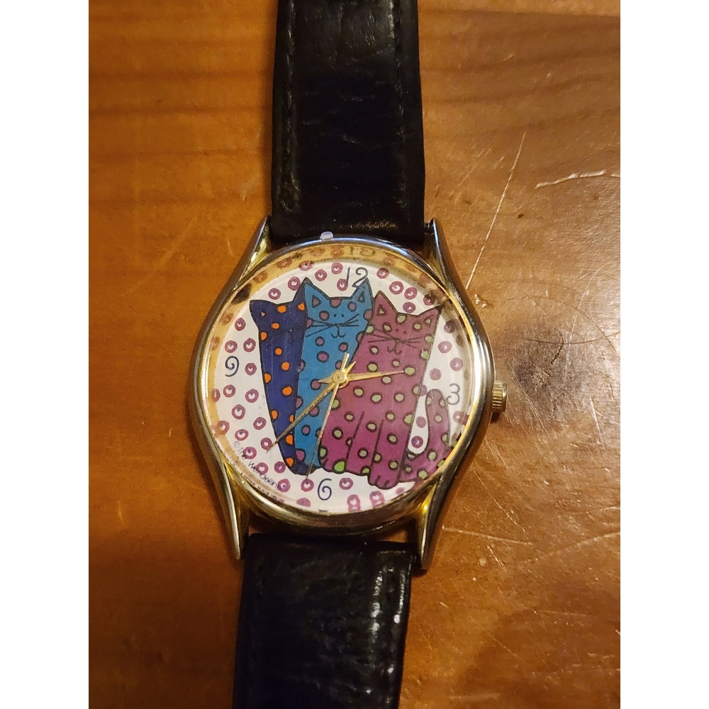 Vintage Laurel Burch Fantastic Felines Watch Polka Dot Cats Colorful Black Strap